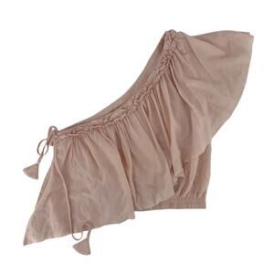 LUXE Top One Shoulder Asymmetric Blush Pink Draped Ruffle S Bow Boho Crop Top